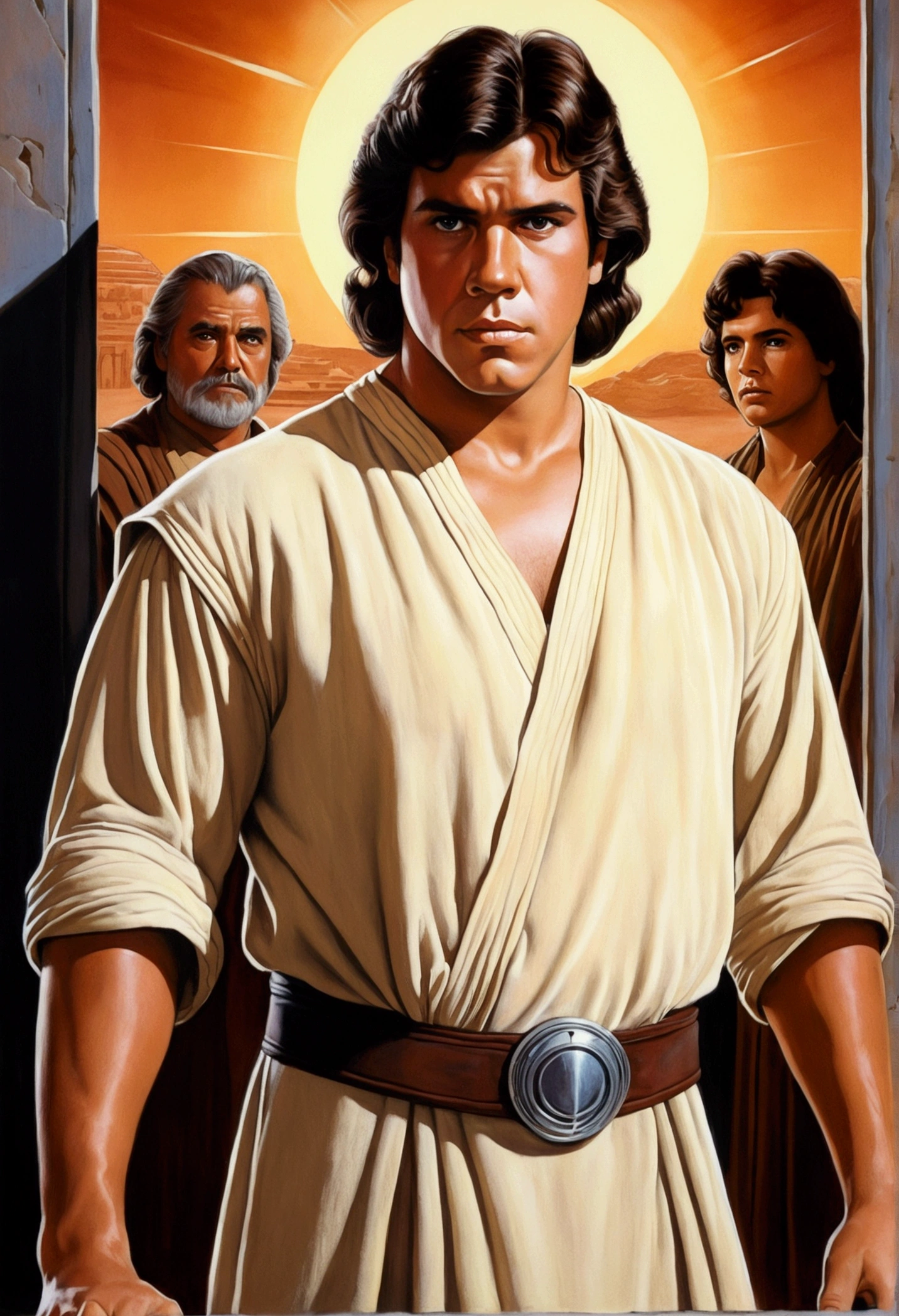 An illustrated movie poster, hand-drawn, full color, a young Jedi, 18-years-old, male, wearing a tunic shirt, portly figure, broad shoulders, muscular, hairy body, lost of body hair, brown eyes, brown-black hair, curly voluminous mane, sun-tanned skin, resembles Lou Ferrigno, standing in a seedy cantina, graphite shading, stencil marks, airbrushed acrylic paint, masterpiece, in the style of Drew Struzan