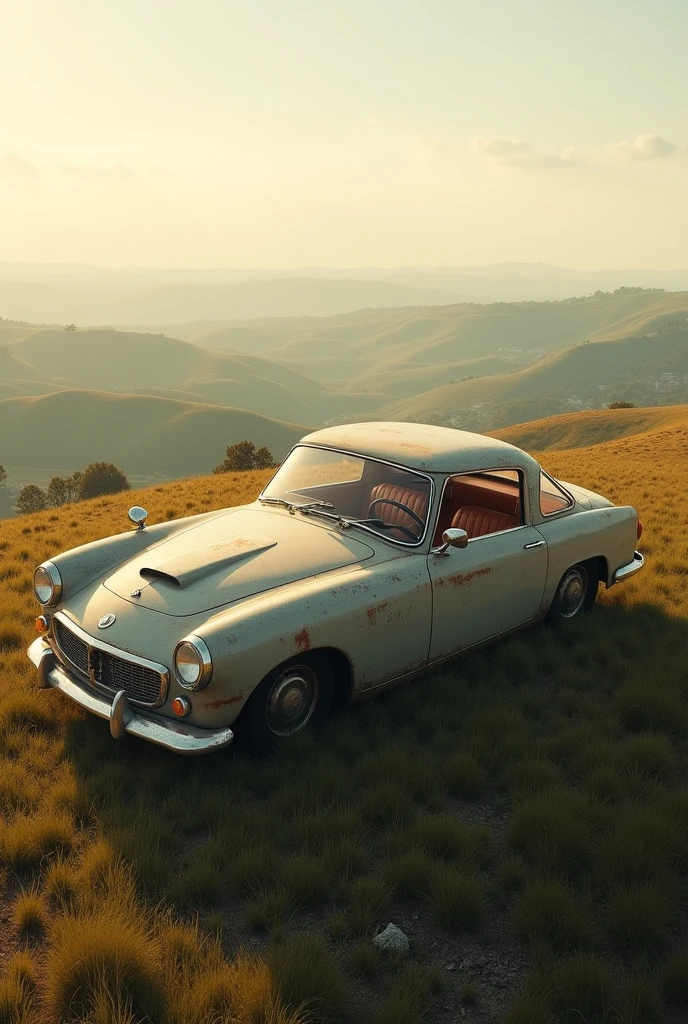 Vintage car on top of a hill 