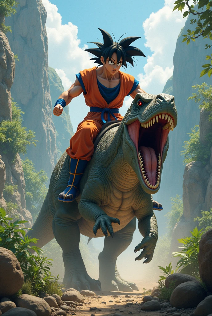 There is Goku in phase 3 riding a dinosaur