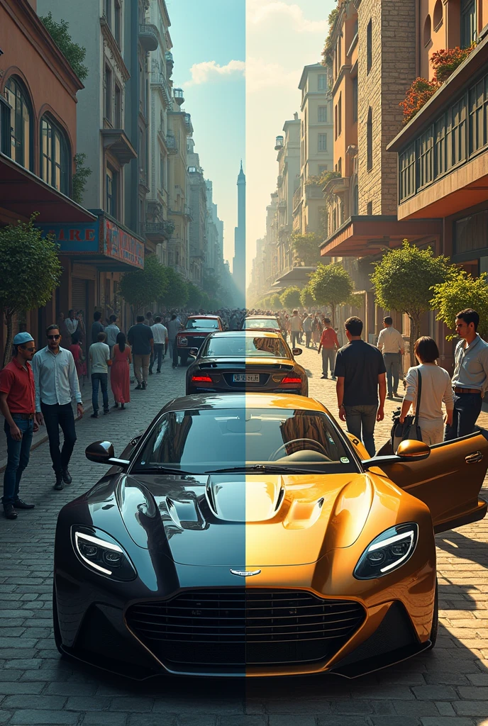 I want an image divided into two parts, the first one is the Side of the Privileged: A luxurious car with elaborate details, surrounded by people enjoying comforts.
And the second one is going to be the bottom part, Side of the Affected: A worn-out part with buses in poor condition or bicycles in precarious conditions, with people facing difficulties.
