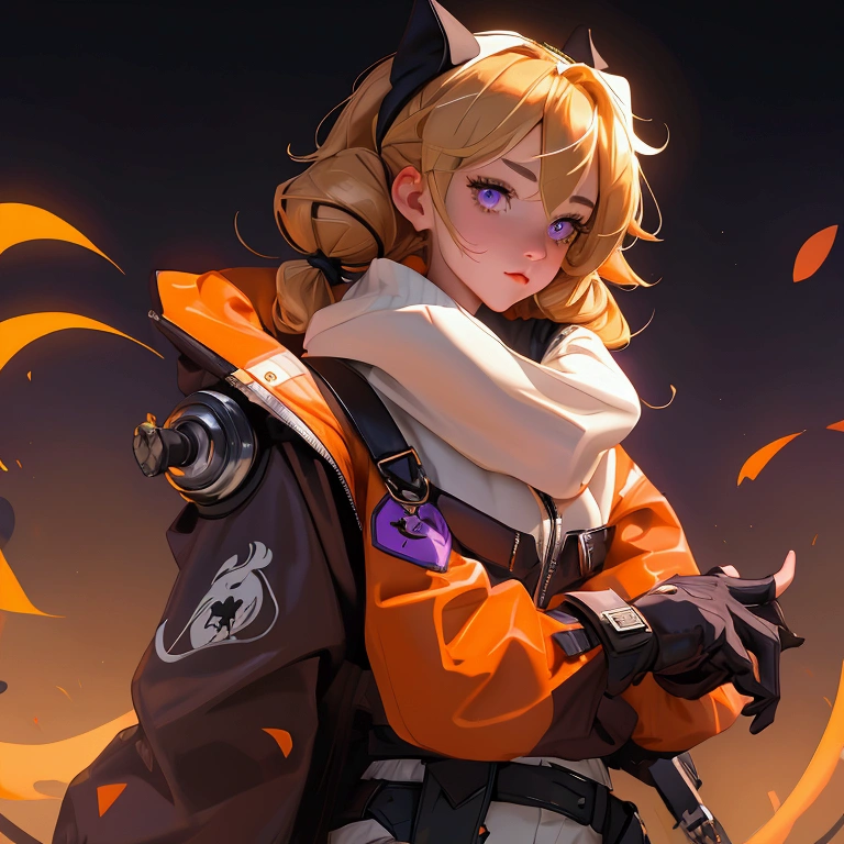 envision a 8k, highres, cinematic, close up beautiful portrait of a short girl named Gigi Murin with dark brown and blonde multicolored hair in twin tails, a tail, purple eyes, wearing an animal hood, hood up, orange jacket, cropped jacket, white shirt, mechanical gauntlets, orange belt, black shorts, single thighhigh, striped thighhigh against a dark background