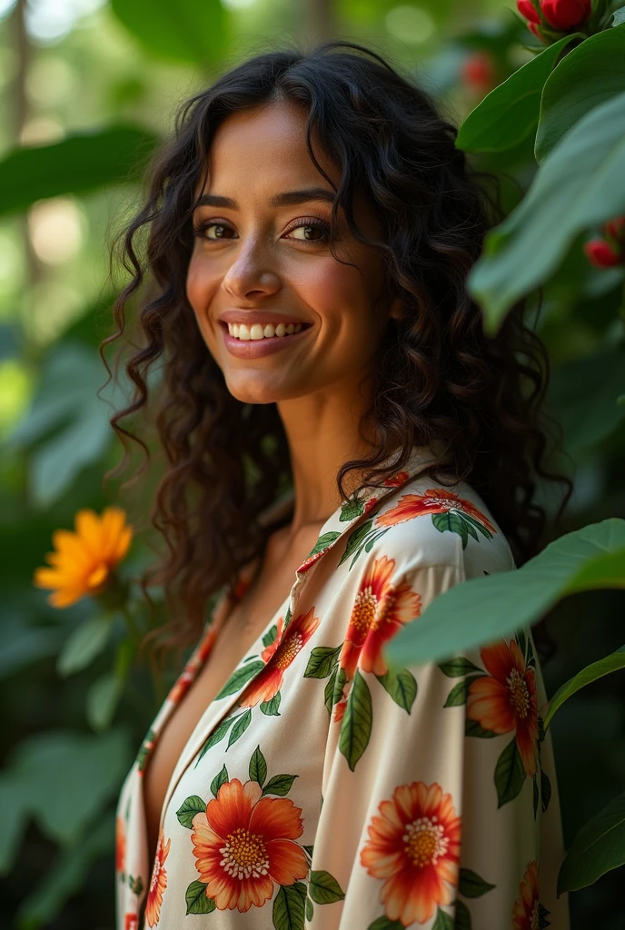A Brazilian woman in a lush tropical garden, wearing an open shirt with a floral print, with a close-up capturing the harmonious beauty between her breasts and the natural flowers, showing off your natural charm and outgoing personality.
