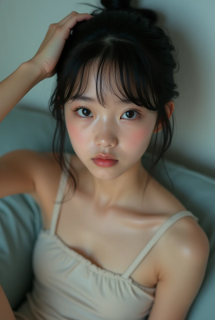 Realistic glowing skin, (発Sweat:1.8),sitting backwards,Look back at your face,Always look at the camera,(発Sweat:1.8),(Beautiful nipples in real life:1.6),,(whole body:1.9),(発Sweatしたリアルな白い肌:1.9),White socks, (Black leather shoes:1.8),
,Cold look,Cold Stare,Black Hair,short hair,Tie your hair short,Silky translucent white skin,,(Very detailed美しい顔), Great face and eyes, (Highest quality:1.4), (Very detailedな), (Very detailed CG 統合 8k 壁紙), Very detailed, High resolution raw color photos, Professional photography, Realistic portrait,Sweat,,(A Cup:1.9),(Flat Chest:1.9),(Very small breasts:1.9),(Breast augmentation:0.1),(Small breasts beginning to swell:1.9),(Breasts during puberty:1.9),
, (少女のwhole bodyの詳細なRAW写真), Canon EOS R5 250mm, Sharp focus, Cinema Lighting,  (No makeup:1.2), Fine skin, Delicate collarbone,,(Ultra-high resolution:1.6), (Realistic:1.6),,(Japanese  high school:1.9),(whole body:1.8),(Sweatが滴る肌:1.9),(Black pleated skirt for the lower body only:1.9),(Sweatで滲んだ肌:1.9),(Age is :1.9),(Raise one hand above your head:2),(Topless:1.9),Height is 155cm,Non-erect, thin nipples,very small nipples,Natural nipples,Real girl nipples,Not disgusting nipples、 (Armpit hair just starting to grow:1.9),(sit cross-legged:1.9),Sitting cross-legged,Sit, (Sitting cross-legged:1.9),