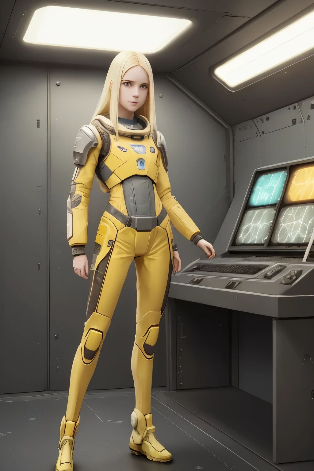 (young girl, , blond hair, photorealistic, pale skin), (yellow (eyes:1.2)), (slim build:1.3), (fantasy space suit), beautiful face, symmetrical face, Greg Rutkowski, wlop and Sam Kuvshinov, (long hair), blond eyelashes, large iris, large pupil, full body, standing on the background of the cosmodrome, artstation, 8k, science fiction, pastel colors, props, panel, concept, futuristic, gribble, simon stalenhag, space, in outer space, a spaceship in the sky, technological blocks, futuristic world:1.5, rusty metal futuristic world, (simple oil painting in a style to Bill Sienkiewicz)