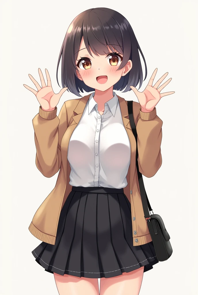 a female anime character is showing her hands up in a picture of a girl, 1girl, solo, breasts, jacket, skirt, short hair, smile, small breasts, open mouth, cleavage, bag, pleated skirt, looking at viewer, waving, black skirt, shirt, hand in pocket