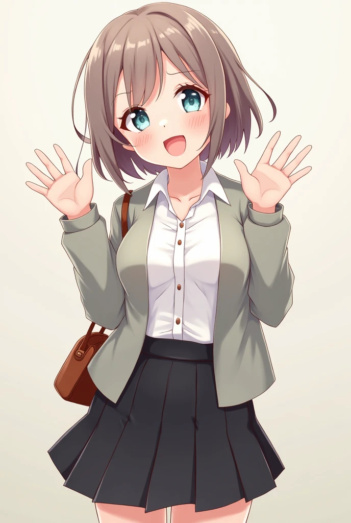 a female anime character is showing her hands up in a picture of a girl, 1girl, solo, breasts, jacket, skirt, short hair, smile, small breasts, open mouth, cleavage, bag, pleated skirt, looking at viewer, waving, black skirt, shirt, hand in pocket