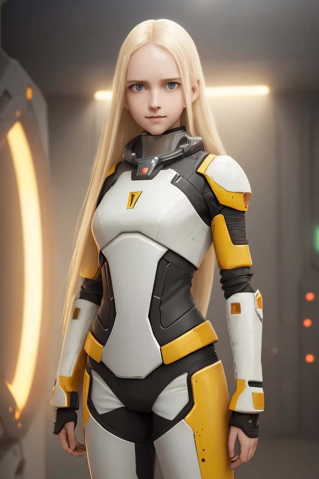 (young girl, , blond hair, photorealistic, pale skin), (yellow (eyes:1.2)), (slim build:1.3), (fantasy space suit), beautiful face, symmetrical face, Greg Rutkowski, wlop and Sam Kuvshinov, (long hair), blond eyelashes, large iris, large pupil, full body, standing on the background of the cosmodrome, artstation, 8k, science fiction, pastel colors, props, panel, concept, futuristic, gribble, simon stalenhag, space, in outer space, a spaceship in the sky, technological blocks, futuristic world:1.5, rusty metal futuristic world, (simple oil painting in a style to Bill Sienkiewicz)