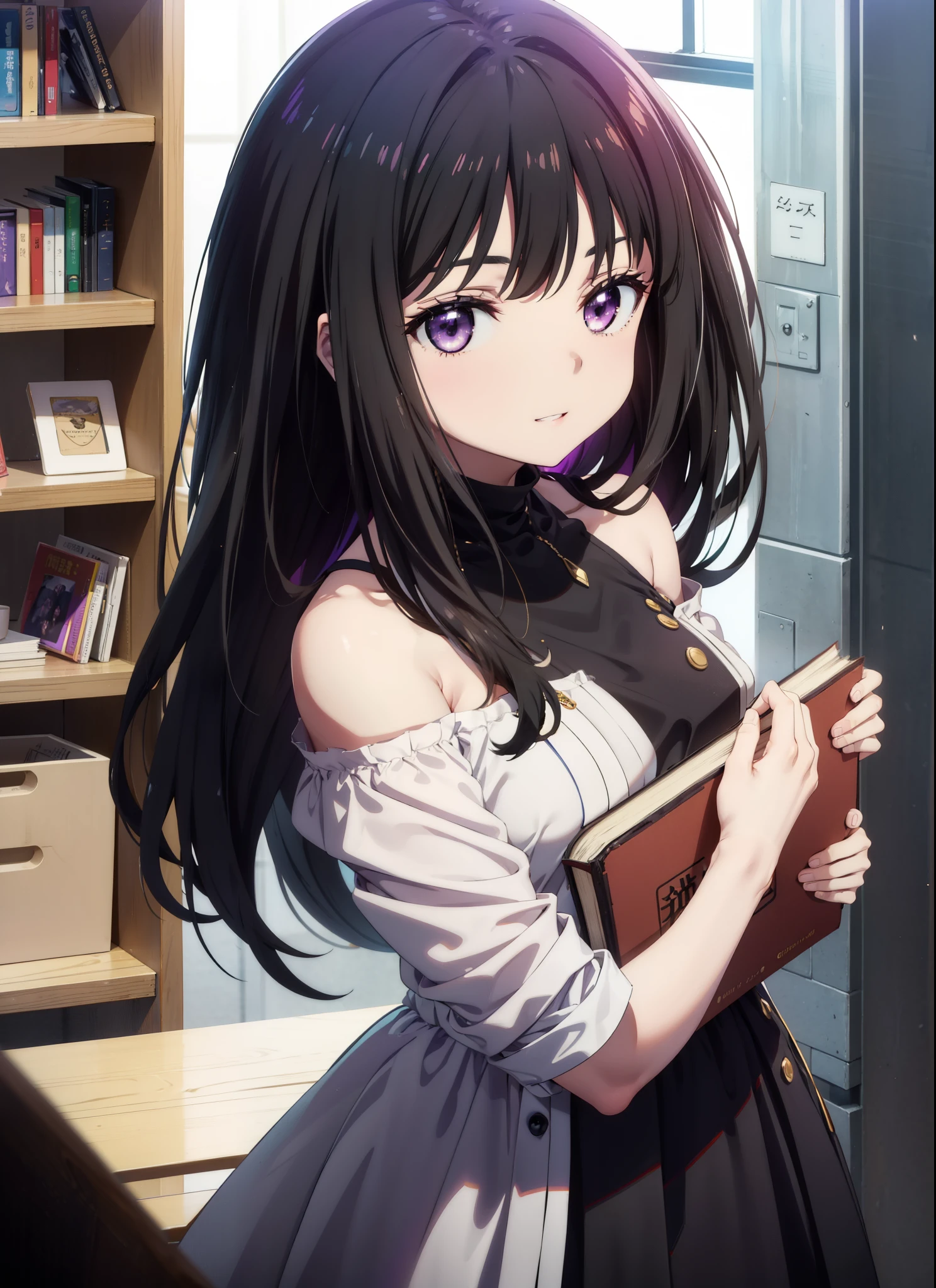 Takiuchikami,Long Hair, bangs, Black Hair, (Purple eyes:1.2),smile,blush,Open your mouth,Off-the-shoulder dress,Bare shoulders,bare clavicle,Bare neck,Rocket Pendant,mini skirt,Cute heeled sandals,Holding a book in both arms,Bookshelf,There are books piled up on the table,whole bodyがイラストに入るように,
break indoors, figure書館,
break looking at viewer,whole body,
break (masterpiece:1.2), Highest quality, High resolution, unity 8k wallpaper, (figure:0.8), (Beautiful attention to detail:1.6), Highly detailed face, Perfect lighting, Highly detailed CG, (Perfect hands, Perfect Anatomy),