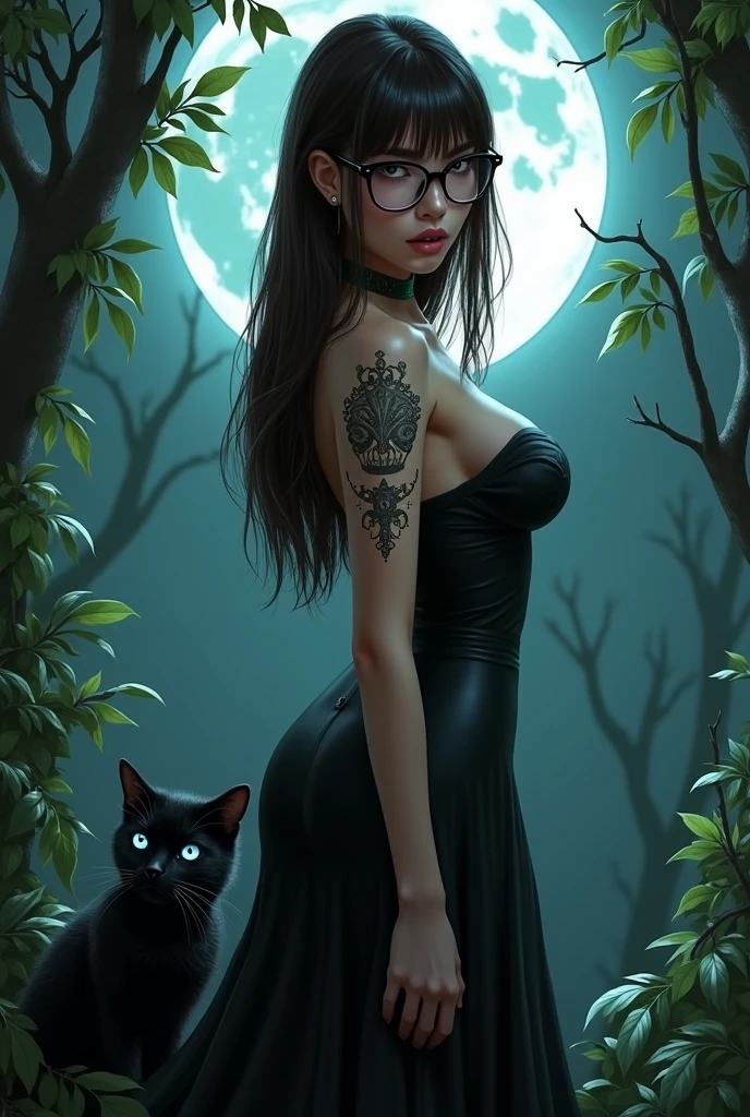 a witch with her hat under the full moon in a forest white skin light brown eyes thick lips with black square rim glasses straight waist-length dark brown hair without bangs with a crown tattoo on her right chest beautiful sexy build big legs thick butt with her black cat blue eyes 