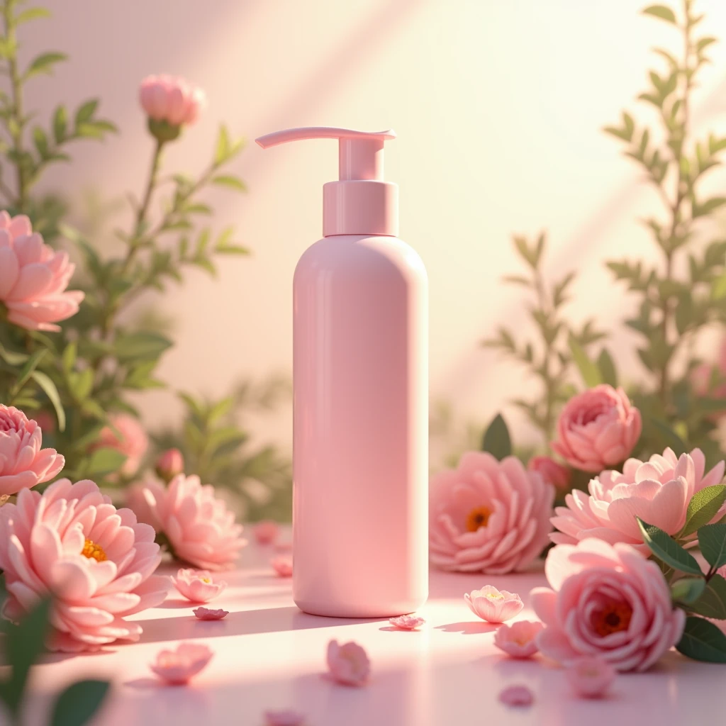 pink floral background, 100 ml cleanser bottle
