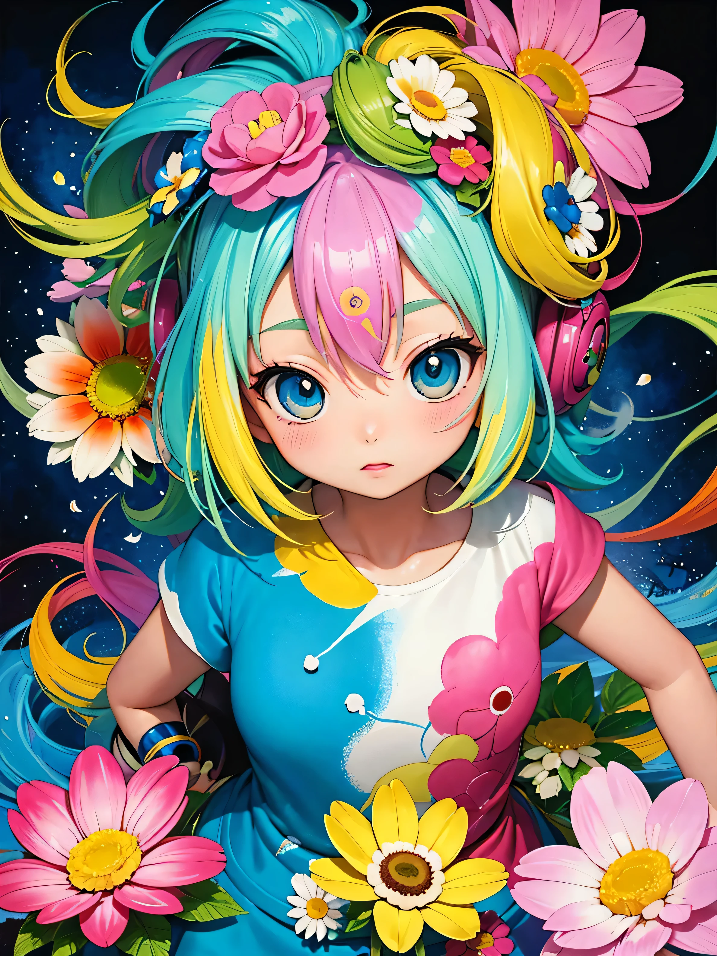 akira toriyama style、8K quality, Takashi Murakami'An illustration, Intense watercolor, Watercolor detailed art, Watercolor splash, Surreal, Avant-garde pop art, Beautiful and expressive paintings, beautiful artwork An illustration, Very colorful tones, wonderful, Cool Beauty, Highest quality,Official Art, Vector art,Stylish design, ((The most beautiful girl of all time))), (((Highest quality))), High resolution, ((Detailed explanation)), (((Graffiti art))), ((masterpiece))、((Very detailed))、(((Colorful flowers)))、(((Future City)))