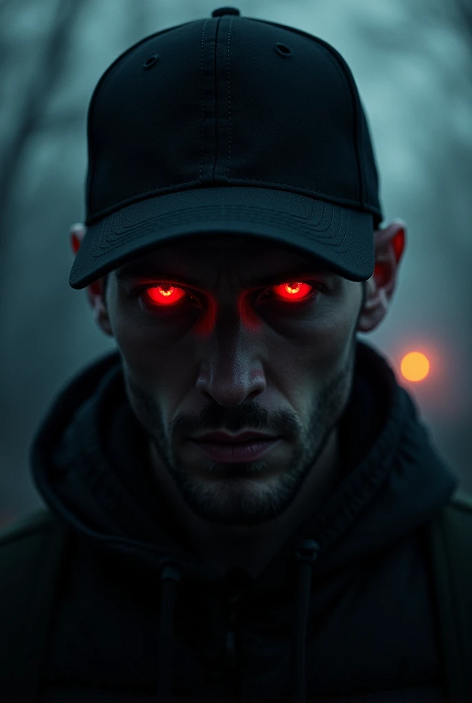 man, rubio, Red eyes, black cap, night landscape