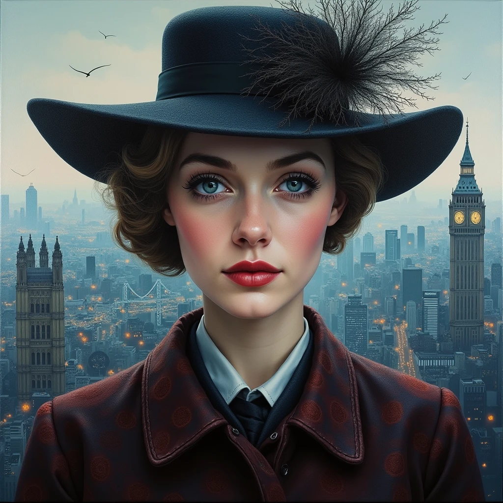 A perfect portrait picture of an enigmatic nany Mary Poppins [Julie Andrews:Emily Blunt:0.5] with aerial background of London, insanely detailed and intricate, realistic style oil on canvas painting, Don Lawrence Style