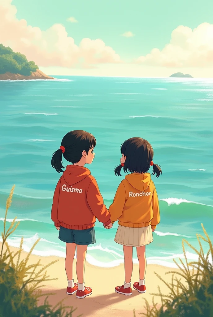 Two young girls holding hands and looking at the sea in front. On their jacket marked Guismo and Ronchon on the back