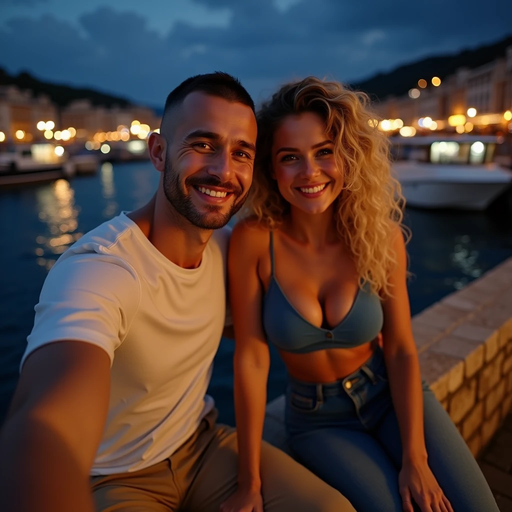 Selfie, Two friends smile, a White male man, 30's, brown eyes, buzz cut hair style, buzz cut hair, he wears a white T-shirt and beige pants,A woman, Toffee color skin, beautiful toffee mixed woman with long blond curly hair and extremely detailled clear yellow eyes, middle body, she wears a sexy blue top and a Flared denim pants, selfie,They are sitting on a stone wall with a view of a port at night, ultrarealism