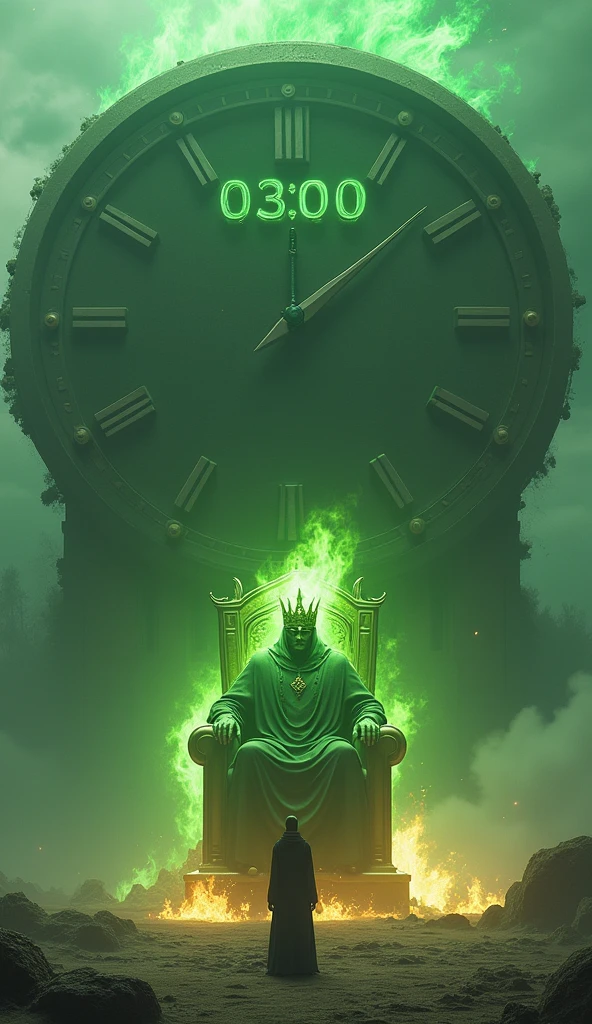 Draw a giant timer with 03 on it:00 hours, with a person below looking and bowing to the giant and in front of the giant timer a throne with a very powerful green being with a crown with eyes releasing fire a lot of red fire don't forget to put the 03:00 on the giant stopwatch and try to make it as realistic as possible