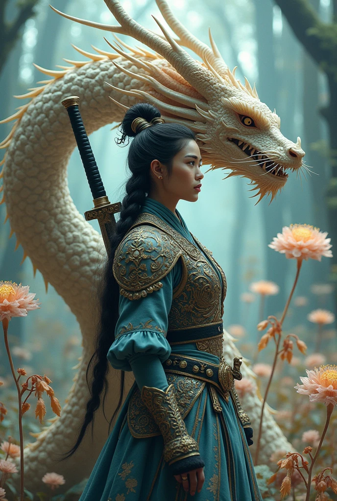 Woman who forms an alliance with a dragon and carries a sword on her back and around it Japanese skeleton flowers