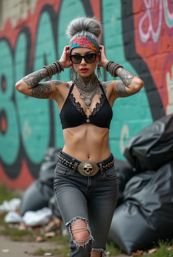 russian old milf woman, grey hair (bouffant, top bun) and oversized square sunglasses and wide colourful bandana as headband, with very light green eyes, extremely pale. Big lips. Black lace push up bra, silicone breast,, dark worn skinny low rise grey jeans with holes on knees ( patched with colourful fabric). White tennis sneakers. Lots of thick wide studded bracelets, chain collars and big rings. Tacky wide studded leather belt with big skull and bones oval buckle. Long earrings with chains and feathers. Walking with her hands up touching her hair, stretching her neck, craving., Neck, chest, stomach and wrists heavily tattoed. Toned abdominals, thin neck, slim legs and thin arms. Narrow hips Graffitied wall behind, waste on the ground and piled garbage bags around