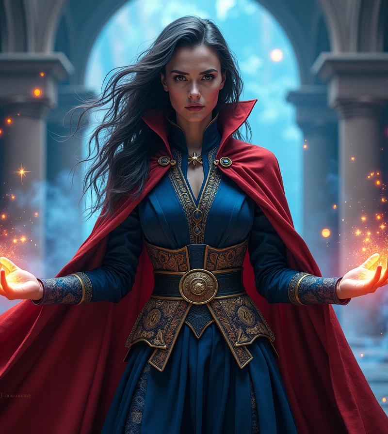 (A powerful and enigmatic woman:1.4), (female version of Doctor Strange:1.4), (wearing an elegant, mystical cloak with deep blues and reds:1.4), (arcane symbols glowing around her hands:1.4), (intense gaze from sharp, intelligent eyes:1.3), (long, flowing dark hair with streaks of silver:1.4), (high-collared, intricately designed robe:1.4), (floating ancient book with glowing runes:1.3), (ornate amulet hanging from her neck:1.4), (mystical energy swirling around her:1.4), (background of a Gama Taj, interdimensional portal:1.4), (vivid and vibrant color palette:1.4), (highly detailed and realistic textures:1.3), (dramatic lighting emphasizing her powerful presence:1.3), (sharp, precise facial features with a wise and commanding expression:1.3), (cinematic atmosphere with epic visual effects:1.4)
