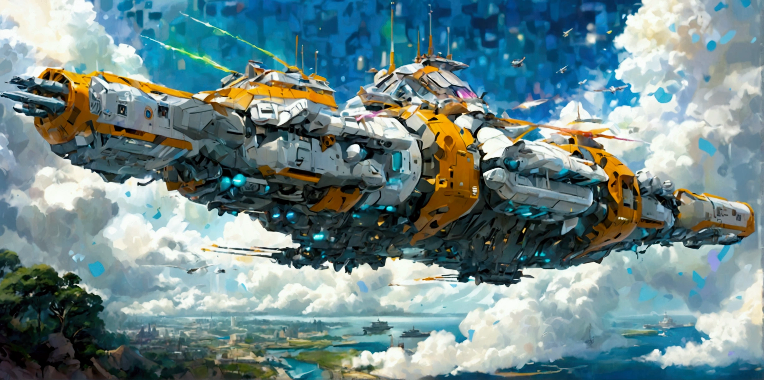 A long wide giant heavily armored divine futuristic flying all terrain biomechanical space battleship covered in rainbow batik pattern and glowing javanese runic symbols, multiple retractable cybernetic spider legs with wheels on the tip, divine halo, flying hovercraft, flying submarine, flying aircraft carrier, flying hotel, flying resort, flying city, flying skyscraper, flying cruise ship, flying yacht, flying castle, flying military base, multiple thrusters, multiple helipad, multiple propeller, mobile headquarters, mobile command center, automatic turrets, missile banks, missile defense system, multi-port rear engine arrays, large pivoted missile pods, anti-air batteries, reactive armour over vital spaces, VTOL thrusters, ventral ground-facing VTOL thruster bays, retractable center cannon, super carrier, sky carrier, space station, floating city, floating castle, white background
