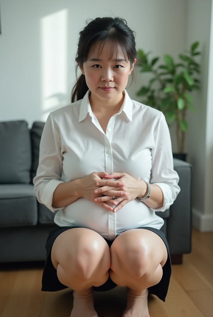 japanese woman in her 50s , buxom figure, large breasts, thick vaginal hair, slatternly figure, facial wrinkles, squatting, white panties, black skirt, office lady, buttocks, white shirt, frontal angle of view, 1 boy, ????, hand job