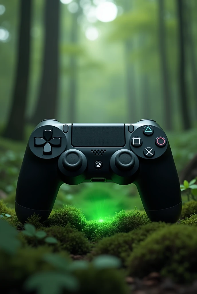 CREATE AN IMAGE OF A BLACK PLAYSTATION STYLE VIDEO GAME CONTROLLER, WITH A LIGHT COMING OUT OF THE FOREST CONTROL IN GREEN COLOR