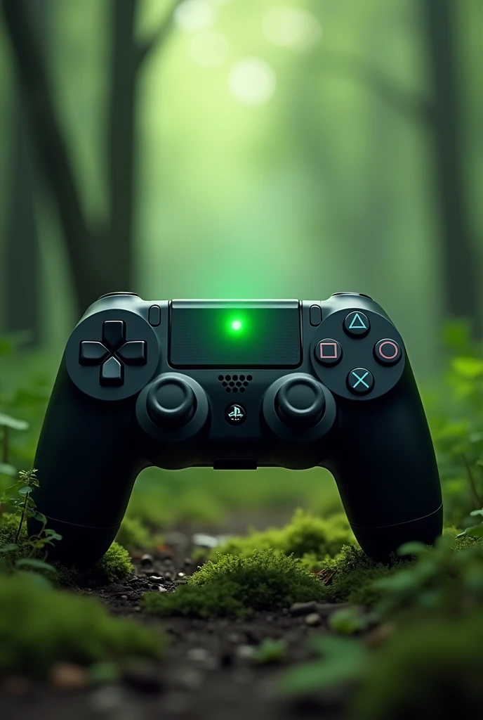 CREATE AN IMAGE OF A BLACK PLAYSTATION STYLE VIDEO GAME CONTROLLER, WITH A LIGHT COMING OUT OF THE FOREST CONTROL IN GREEN COLOR