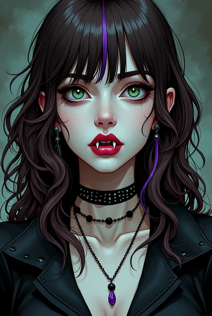 90&#39;S COMIC DRAWING Midsize adult woman with white skin, Thin nose wide face, GREENISH BROWN EYES harmoniously prominent cheeks, wide chin LONG VAMPIRE FANGS light freckles on the face, brown wavy hair, straight bangs AND A PURPLE STRAND and gothic clothes, darkness background