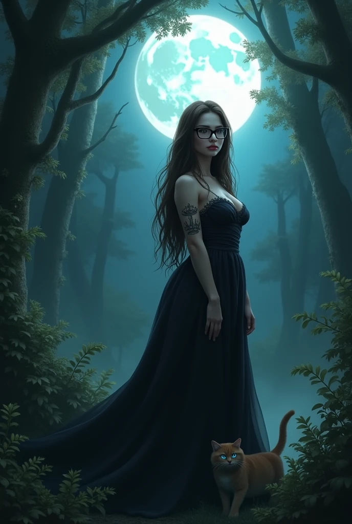 a witch with her hat under the full moon in a forest white skin light brown eyes thick lips with black square rimmed glasses straight waist-length dark brown hair without bangs with a crown tattoo on her right chest big leg build thick butt with her black cat blue eyes