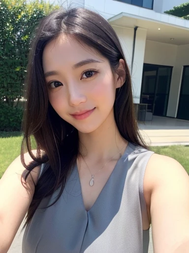 RAW Photos、masterpiece、Highest quality、Realistic、超High resolution、High resolution、16k wallpaper、Very detailed、Finer details、Cinema Lighting、In front of a white wall outdoors、In front of a white wall、Selfie of a 20 year old woman、Plus Size、Plus Sizeモデル、Realistic Skin、Natural skin texture、((Dark Eyes))、A shy smile、(Medium long hair)、(Grey Dress:1.3)、(Grey Dress)、Yoshitomo Nara, shikamimi, Chiho, mayuri shiina, Realistic young gravure idol, beast, , Kotegawa Yui, 8k、narumi kakinouchi