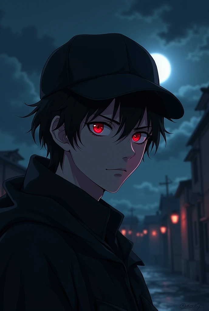 man, rubio, Red eyes, black cap, night landscape, anime style 