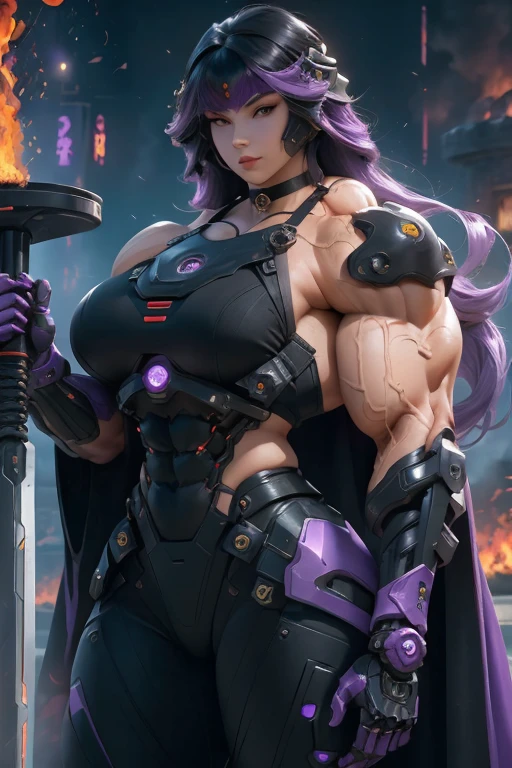 (((Close-up))), tall, (violet purple hair), beautiful muscular cybernetic female ninja, long hair with long bangs, black lipstick, pale white skinned, closed smile, large breast, (massive muscles), (hyper muscle), ((ginormous bulky muscles)), black eyes, (ninja mask), ((violet cybernetic ninja armor suit)), (black cape), ((violet cybernetic ninja armor pants)), choker, cybernetic boots, ((holding a massive fire sword)), (in front of a burning castle),