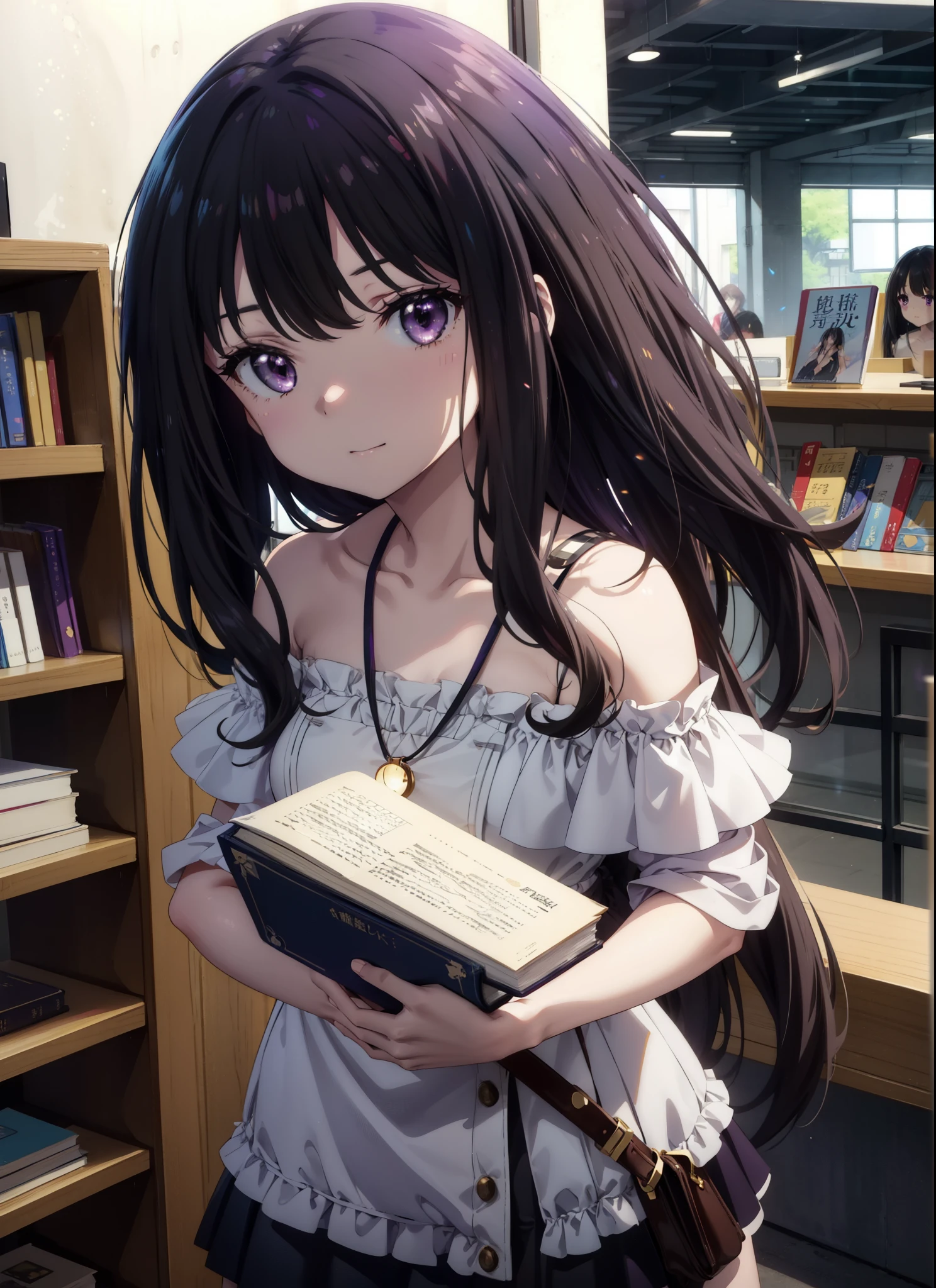 Takiuchikami,Long Hair, bangs, Black Hair, (Purple eyes:1.2),smile,blush,Open your mouth,Off-the-shoulder dress,Bare shoulders,bare clavicle,Bare neck,Rocket Pendant,mini skirt,Cute heeled sandals,Holding a book in both arms,Bookshelf,There are books piled up on the table,whole bodyがイラストに入るように,
break indoors, figure書館,
break looking at viewer,whole body,
break (masterpiece:1.2), Highest quality, High resolution, unity 8k wallpaper, (figure:0.8), (Beautiful attention to detail:1.6), Highly detailed face, Perfect lighting, Highly detailed CG, (Perfect hands, Perfect Anatomy),
