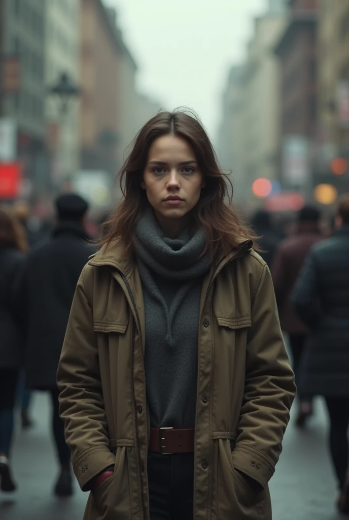 Create an image of a woman facing forward on a city street surrounded by many people passing by, but the main person is sad and nostalgic with a lost look, using dull color tones in her clothes.