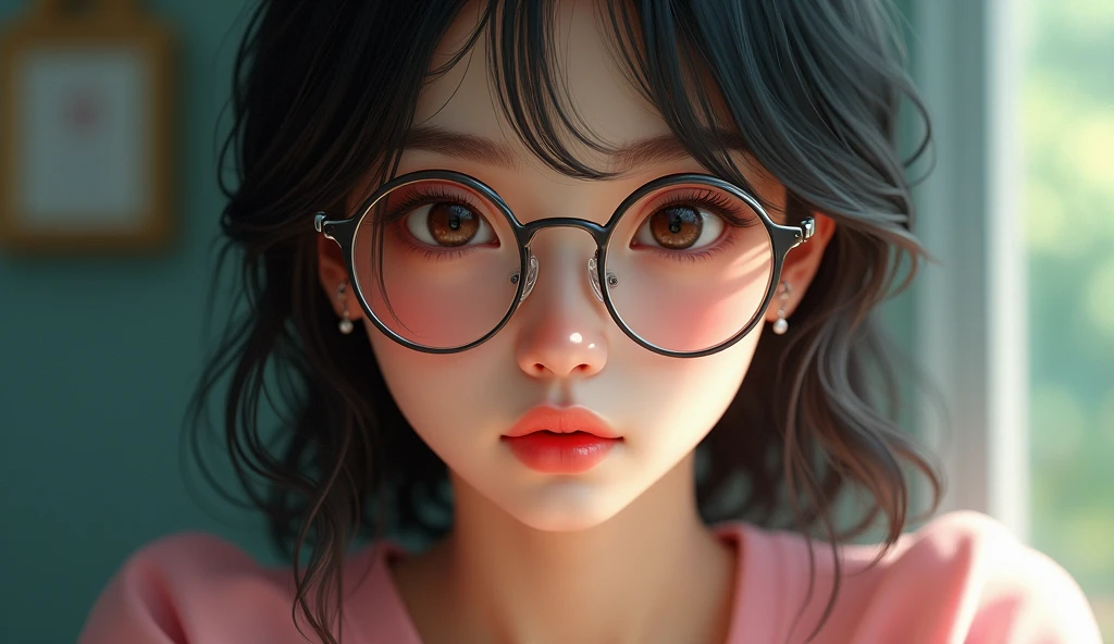 a close up of a woman wearing glasses and a pink top, a character portrait inspired by Ross Tran, trending on Artstation, digital art, artwork in the style of guweiz, lofi portrait, realistic artstyle, rossdraws portrait, 🤤 girl portrait, high quality portrait, photorealistic artstyle, digital art ilya kuvshinov, rossdraws global illumination