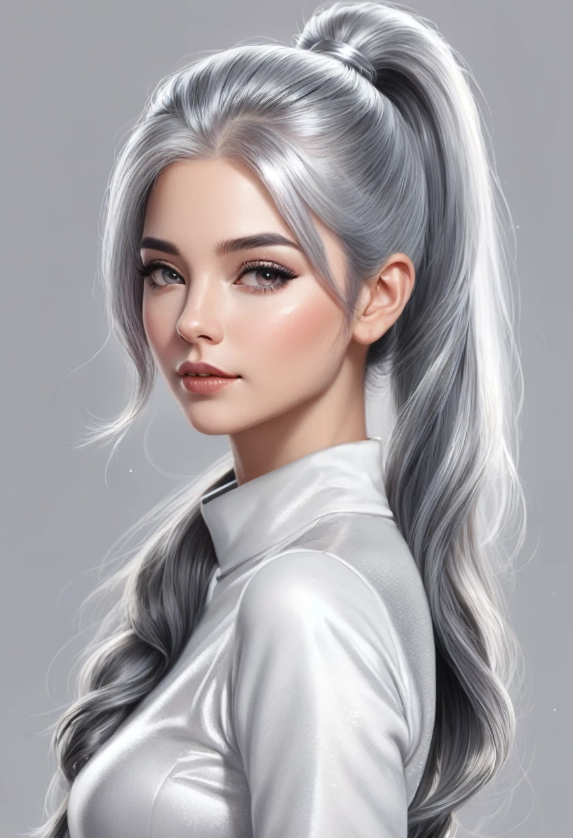 a drawing of a woman with grey hair, trending on cg society, digital art, girl silver ponytail hair, glossy, cute detailed artwork, airbrush style