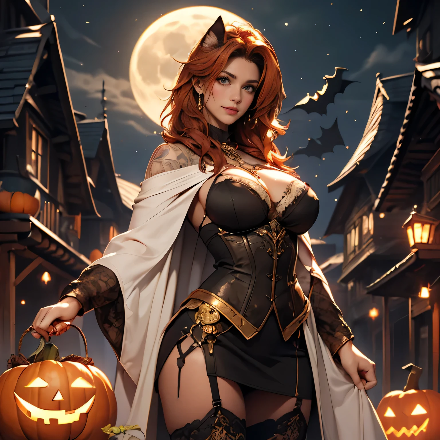 Pretty Caucasian (female), Sarah Shahi, a slim but muscular body, huge breasts, Pretty Caucasian (female), Sarah Shahi, a slim but muscular body, huge breasts, dark brown messy hair, blue eyes, 1girl,close up,moonlight,witch costume,gold neck jewelry,body tattoos,short hair,gown dress, pumpkin village,ceremonial cape,gothic corset,halloween forest,gold,amulets,glowing cauldron, gothic piercings and tattoos, white tribal top,green eyes,orange hair,shy smile,freckles,redhead,beautiful girl,large breasts,thigh high boots,ultra detailed,realistic,fantasy art,garter belt,holding a wand,black cat,