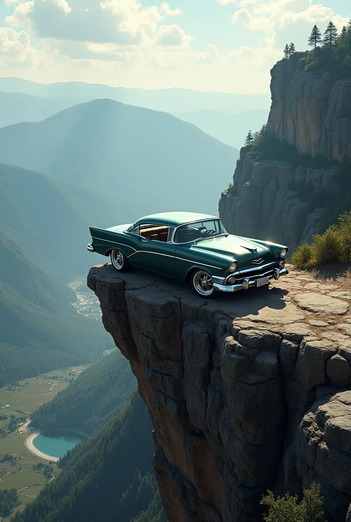 Vintage car on top of a cliff hill