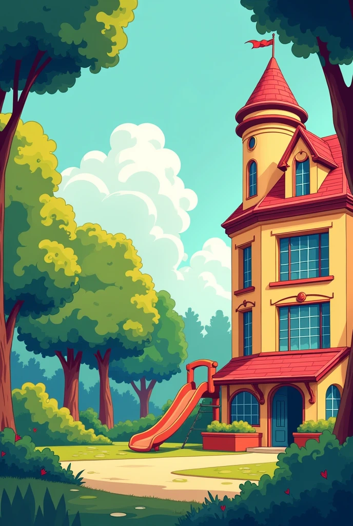 A drawing in which there is a building in a corner of the image that has many windows, a slide and trees next to it must be in the trichrome technique:3 colors (Only part of the building should be seen since it is on the right side of the drawing.)