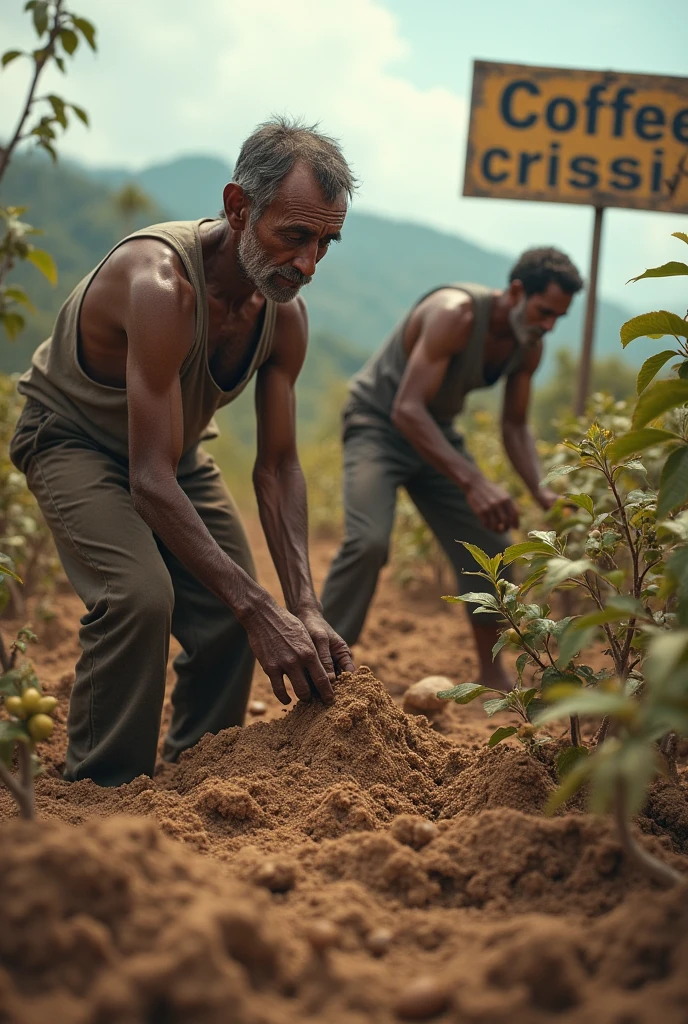 Colombian farmers in a desolate coffee field with few coffee cherries on their sticks and a sign that says coffee crisis