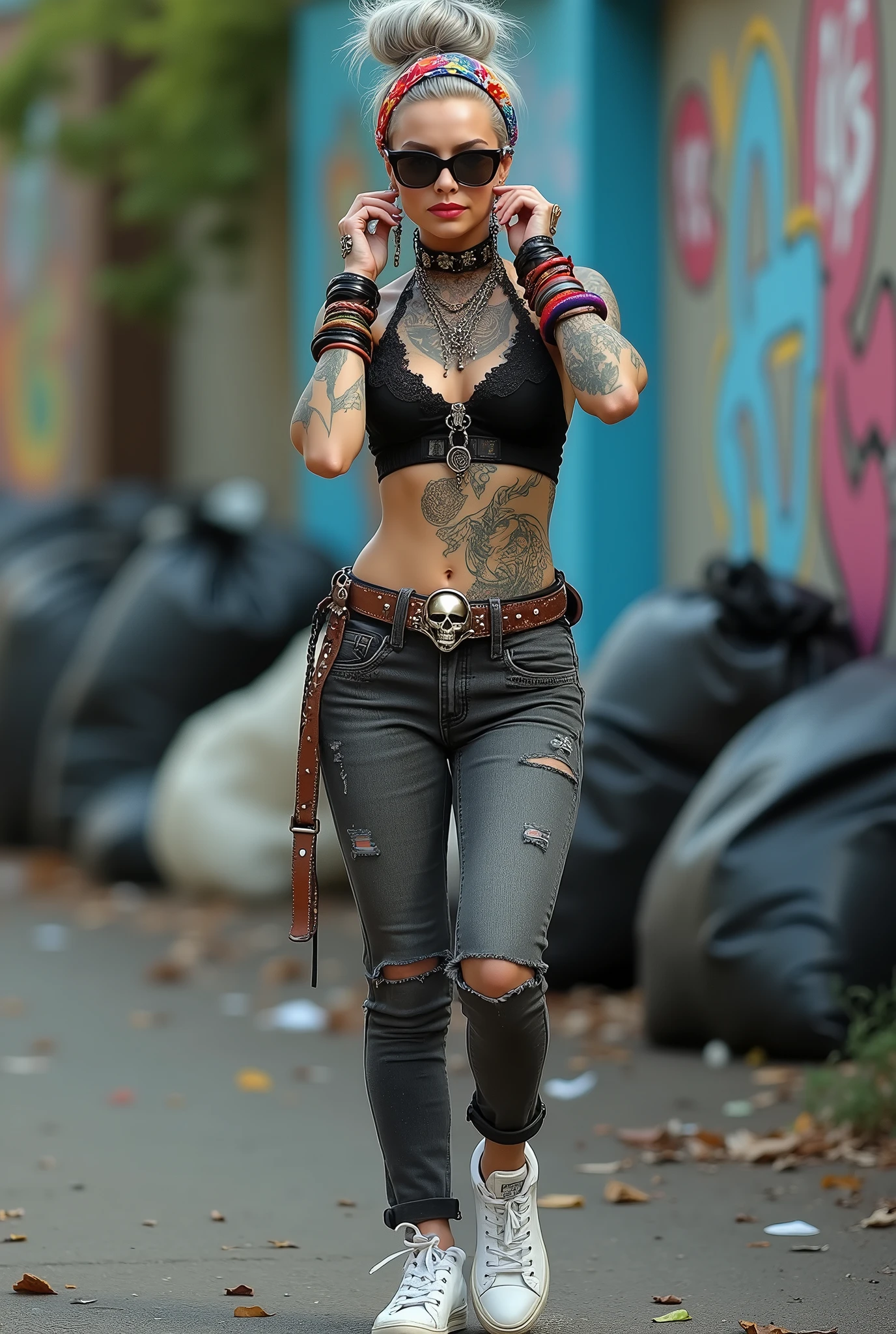 russian old milf woman, grey hair (bouffant, top bun) and oversized square sunglasses and wide colourful bandana as headband, with very light green eyes, extremely pale. Big lips. Black lace push up bra, silicone breast,, dark worn skinny low rise grey jeans with holes on knees ( patched with colourful fabric). White tennis sneakers. Lots of thick wide studded bracelets, chain collars and big rings. Tacky wide studded leather belt with big skull and bones oval buckle. Long earrings with chains and feathers. Walking with her hands up touching her hair, stretching her neck, craving., Neck, chest, stomach and wrists heavily tattoed. Toned abdominals, thin neck, slim legs and thin arms. Narrow hips Graffitied wall behind, waste on the ground and piled garbage bags around