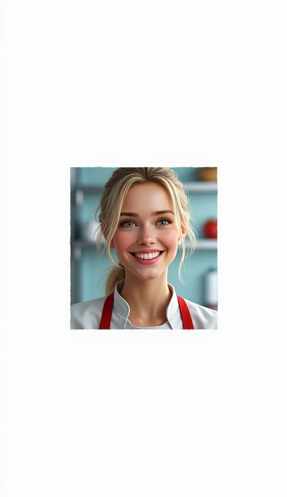 Girl blonde sweden chef in restaurant. She smile.