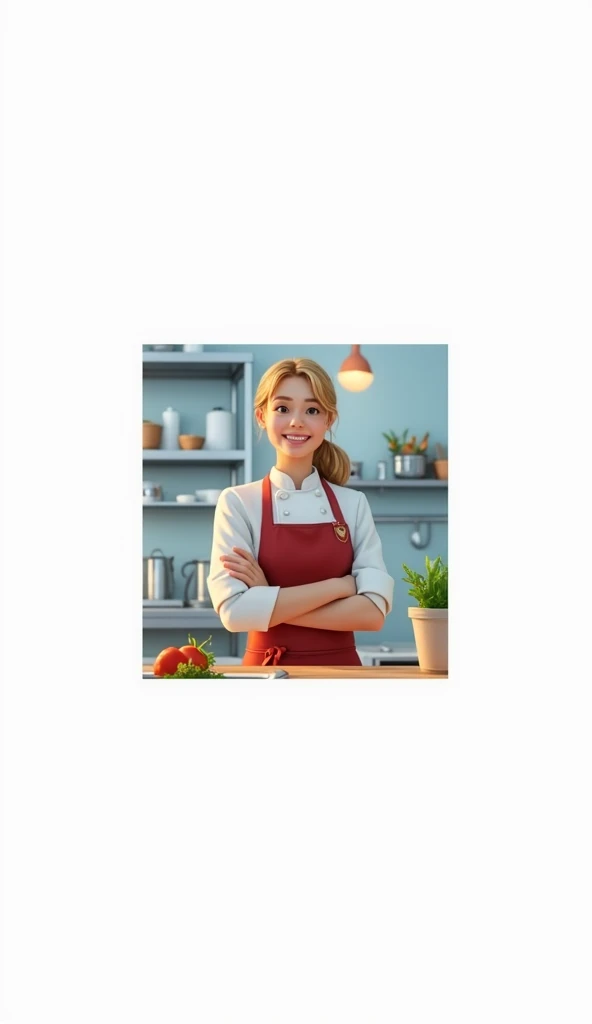 Girl blonde sweden chef in restaurant. She smile.