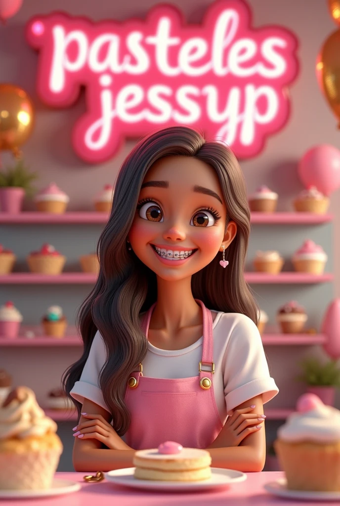 Pastry girl, light brown skin color, smiling with braces on teeth, long hair with golden highlights in the middle of her hair,with the sign “Pasteles JessyP” in pink flowery letters, Pink colour, around cakes, cupcakes, whipping balloon