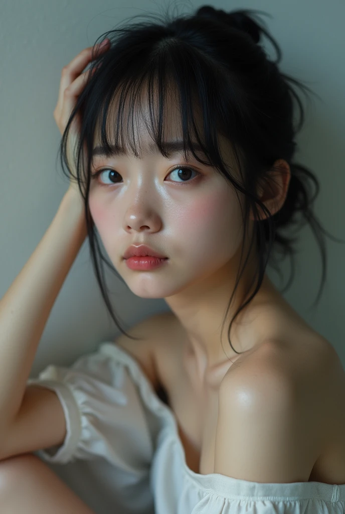 Realistic glowing skin, (発Sweat:1.8),sitting backwards,Look back at your face,Always look at the camera,(発Sweat:1.8),(Beautiful nipples in real life:1.6),,(whole body:1.9),(発Sweatしたリアルな白い肌:1.9),White socks, (Black leather shoes:1.8),
,Cold look,Cold Stare,Black Hair,short hair,Tie your hair short,Silky translucent white skin,,(Very detailed美しい顔), Great face and eyes, (Highest quality:1.4), (Very detailedな), (Very detailed CG 統合 8k 壁紙), Very detailed, High resolution raw color photos, Professional photography, Realistic portrait,Sweat,,(A Cup:1.9),(Flat Chest:1.9),(Very small breasts:1.9),(Breast augmentation:0.1),(Small breasts beginning to swell:1.9),(Breasts during puberty:1.9),
, (少女のwhole bodyの詳細なRAW写真), Canon EOS R5 250mm, Sharp focus, Cinema Lighting, (No makeup:1.2), Fine skin, Delicate collarbone,,(Ultra-high resolution:1.6), (Realistic:1.6),,(Japanese junior high school girls:1.9),(whole body:1.8),(Sweatが滴る肌:1.9),(Black pleated skirt for the lower body only:1.9),(Sweatで滲んだ肌:1.9),(Age is :1.9),(Raise one hand above your head:2),(Topless:1.9),Height is 155cm,Non-erect, thin nipples,very small nipples,Natural nipples,Real girl nipples,Not disgusting nipples、 (Armpit hair just starting to grow:1.9),(sit cross-legged:1.9),Sitting cross-legged,Sit, (Sitting cross-legged:1.9),