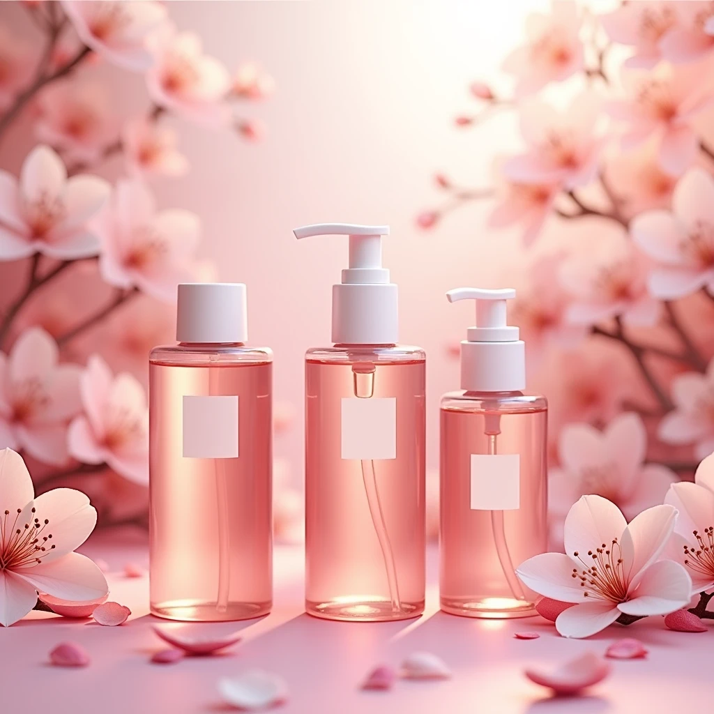 pink floral background, three 100 ml cleanser bottles