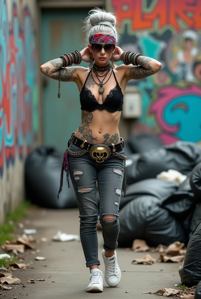 russian old milf woman,  grey hair (bouffant, top bun) and oversized square sunglasses and wide  colourful bandana as headband, with very light green eyes, extremely pale. Big lips.  Black lace push up bra, silicone breast,, dark worn skinny low rise grey jeans with holes on knees ( patched with colourful fabric). White tennis sneakers. Lots of thick wide studded bracelets, chain collars and big rings. Tacky wide studded leather belt with big skull and bones oval buckle. Long earrings with chains and feathers. Walking with her hands up touching her hair, stretching her neck, craving., Neck, chest, stomach and wrists heavily tattoed. Toned abdominals, thin neck, slim legs and thin arms. Narrow hips Graffitied wall behind, waste on the ground and piled garbage bags around