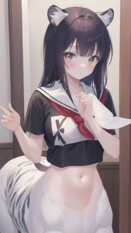 (best quality, masterpiece), 1 girl, centaur, I beg, White skin, Japanese schoolgirl,daughter,black pink, exposing the abdomen, belly button t-shirt , Beautiful girl perfect white tiger photo, Perfect bathroom photo