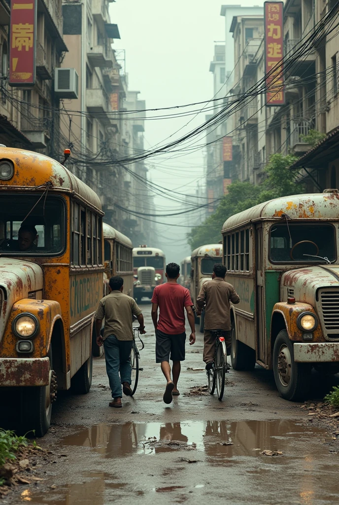 Side of the Affected: A worn-out part with buses in poor condition or bicycles in precarious conditions, with people facing difficulties. I