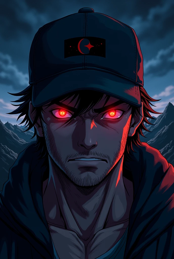 man, rubio, Red eyes, cap, night landscape, anime style